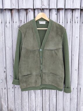 Vintage 70s Kilspindie of Scotland wool knit suede button down cardigan sweater